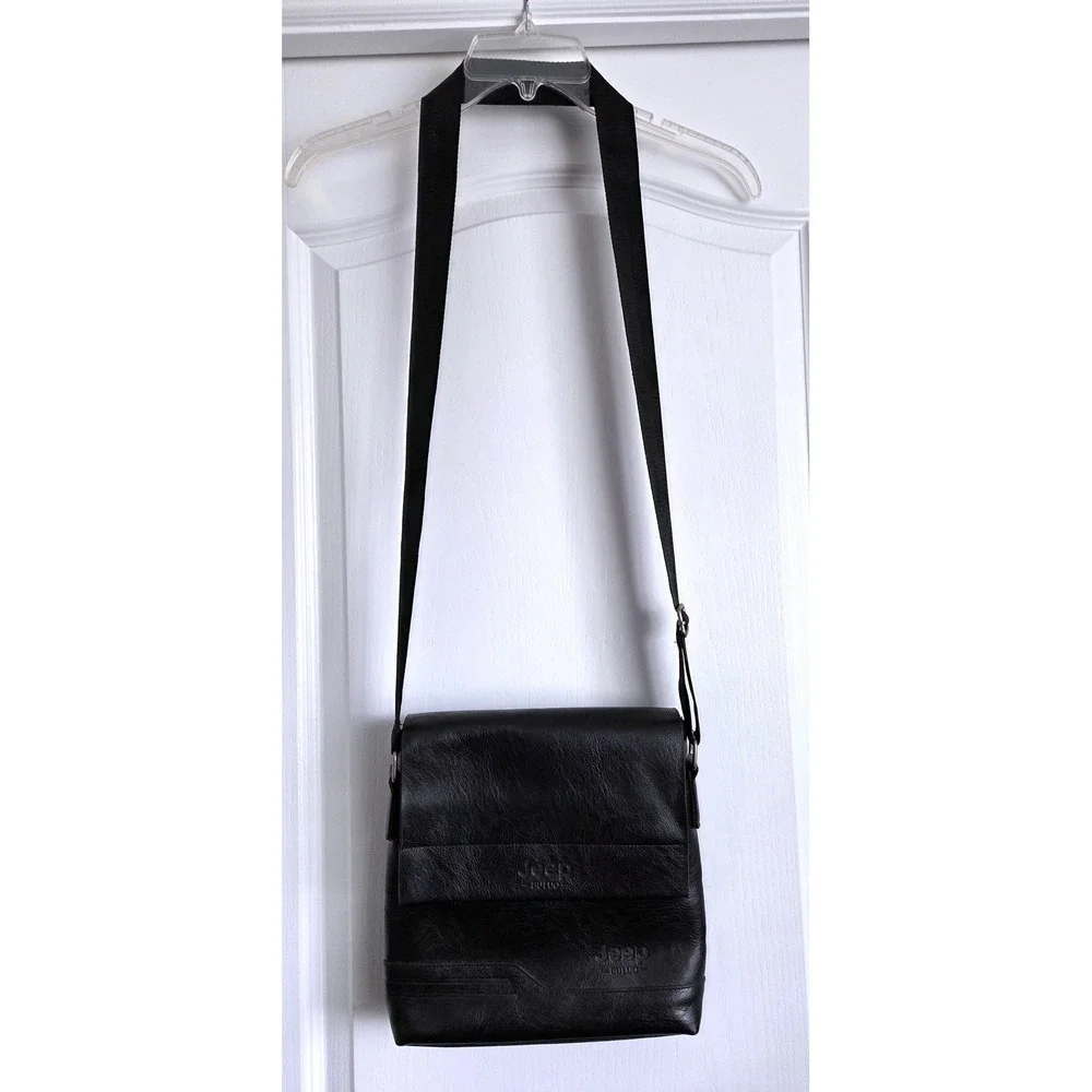 Jeep Buluo Black Vegan Leather Crossbody Messenger Bag Adjustable Strap
